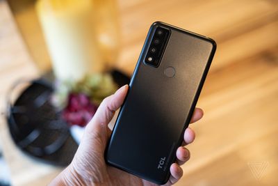 Rear shot of the TCL 30 XE 5G, showing an elongated camera bump and rear fingerprint reader.