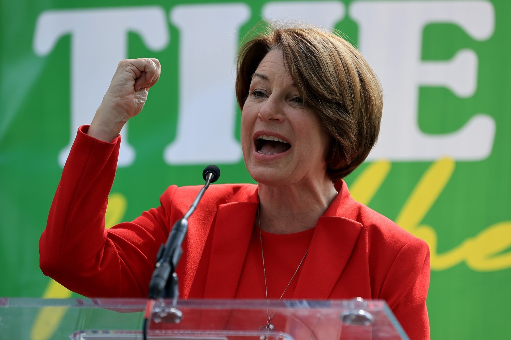 Sen. Amy Klobuchar (D-MN) addresses a 'Let's Finish the Job for the People' rally near the U.S. Capitol on September 14, 2021 in Washington, DC.