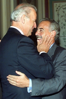 Colombian President Andres Pastrana (R) is greeted 17 April, 2002, by Sen. Joe Biden, D-DE, chairman of the US Senate Foreign Relations Committee at the US Capitol in Washington, DC