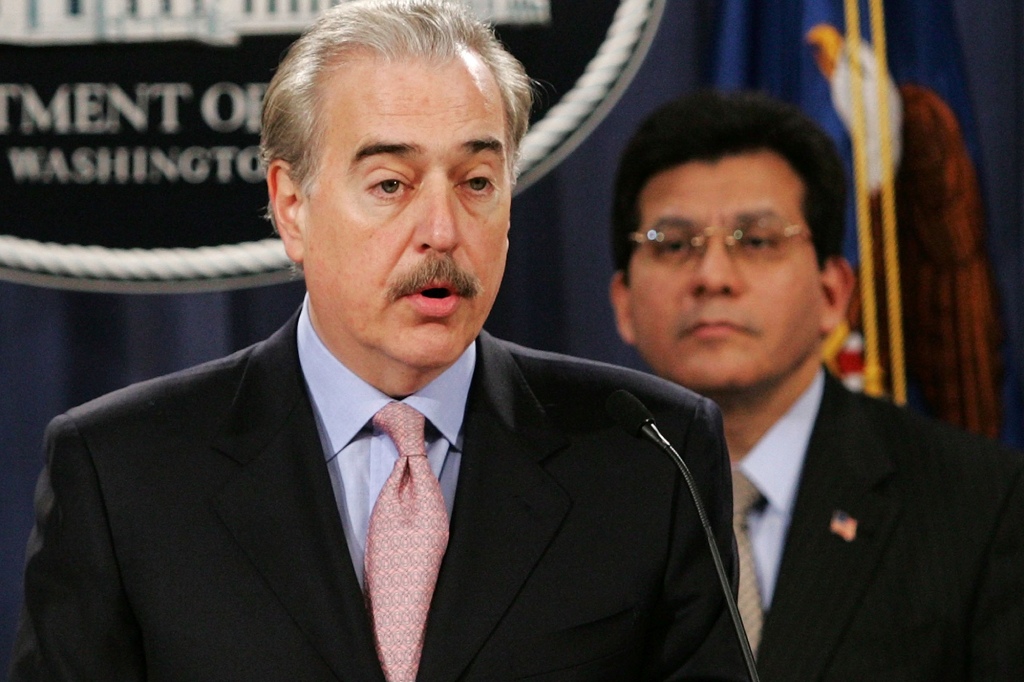 Former Colombian President Andres Pastrana, now Colombia's Ambassador to the United States, left, speaks with the media regarding an indictment involving Colombia's largest guerrilla group, Wednesday, March 22, 2006, at the U.S. Department of Justice in Washington.