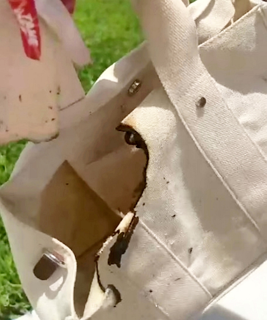 The TikTok shows the singed edges of the stylish beach bag and suggests the fire may have started as a result of the metal button on the bag getting too hot.