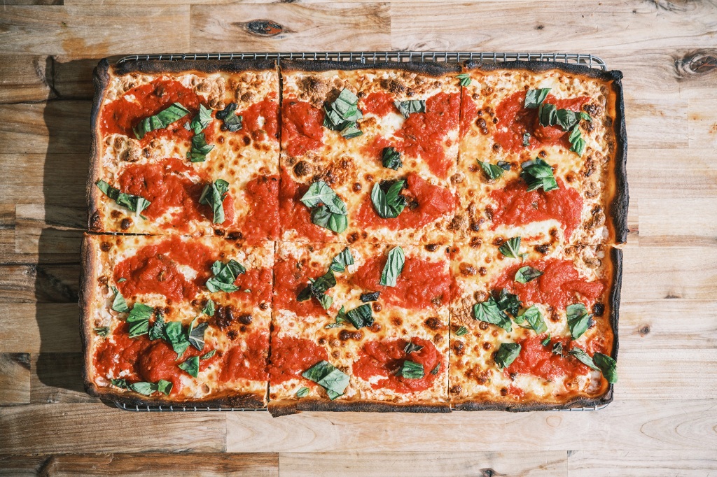 A rectangular pizza from Bellucci Pizza in Astoria, Queens.