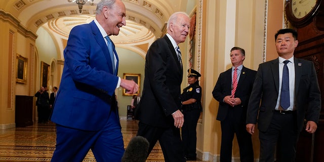 President Biden, center, walks with Senate Majority Leader Chuck Schumer, D-N.Y., at the Capitol in Washington July 14th, 2021.