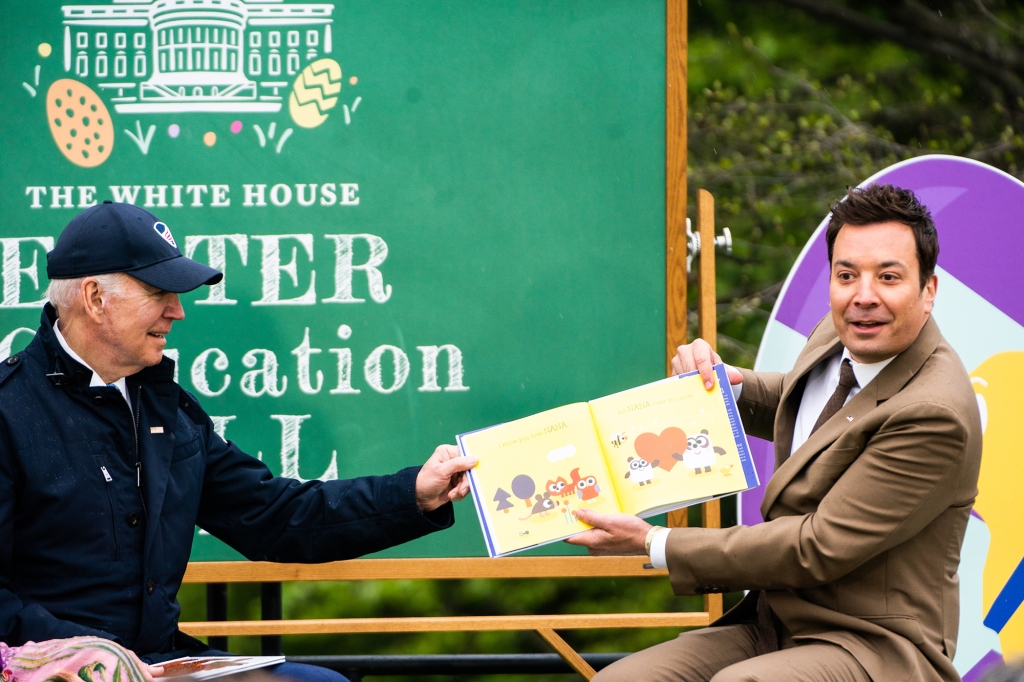 American television host Jimmy Fallon and US President Joe Biden during the White House Easter Egg Roll on the South Lawn on April 18, 2022.