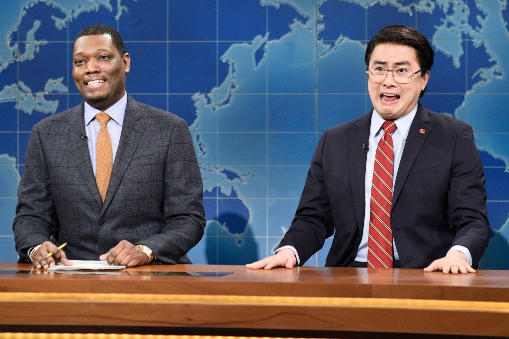 Bowen Yang joins Michael Che during a "Weekend Update" segment on "Saturday Night Live" last season.