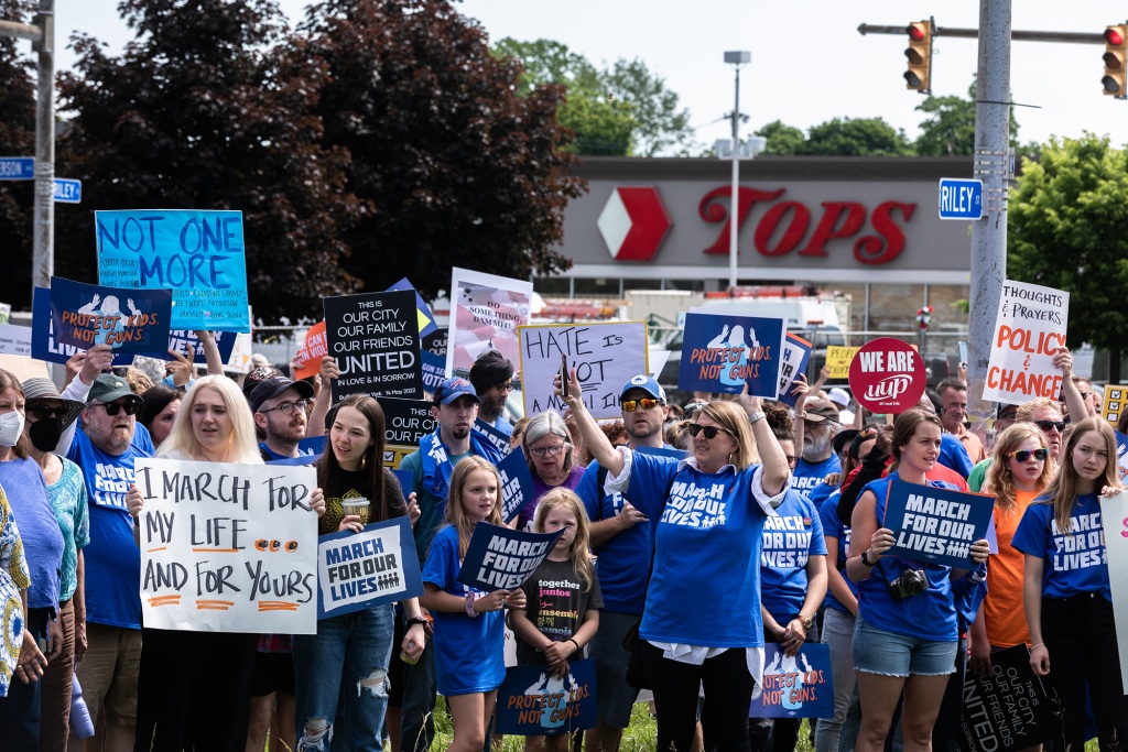 A group estimated in the hundreds takes part in a March For Our Lives event on June 11, 2022 in Buffalo, New York.