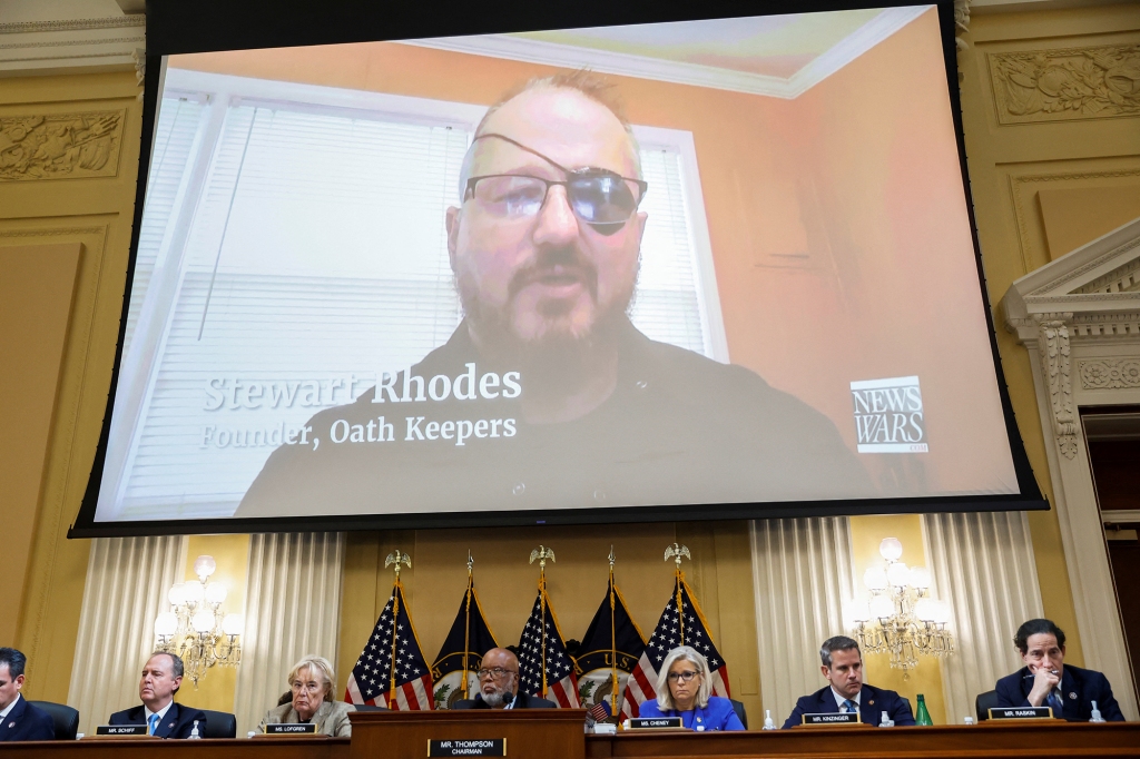 Oath Keepers founder Stewart Rhodes is seen on video during the hearing of the U.S. House Select Committee to Investigate the January 6 Attack.