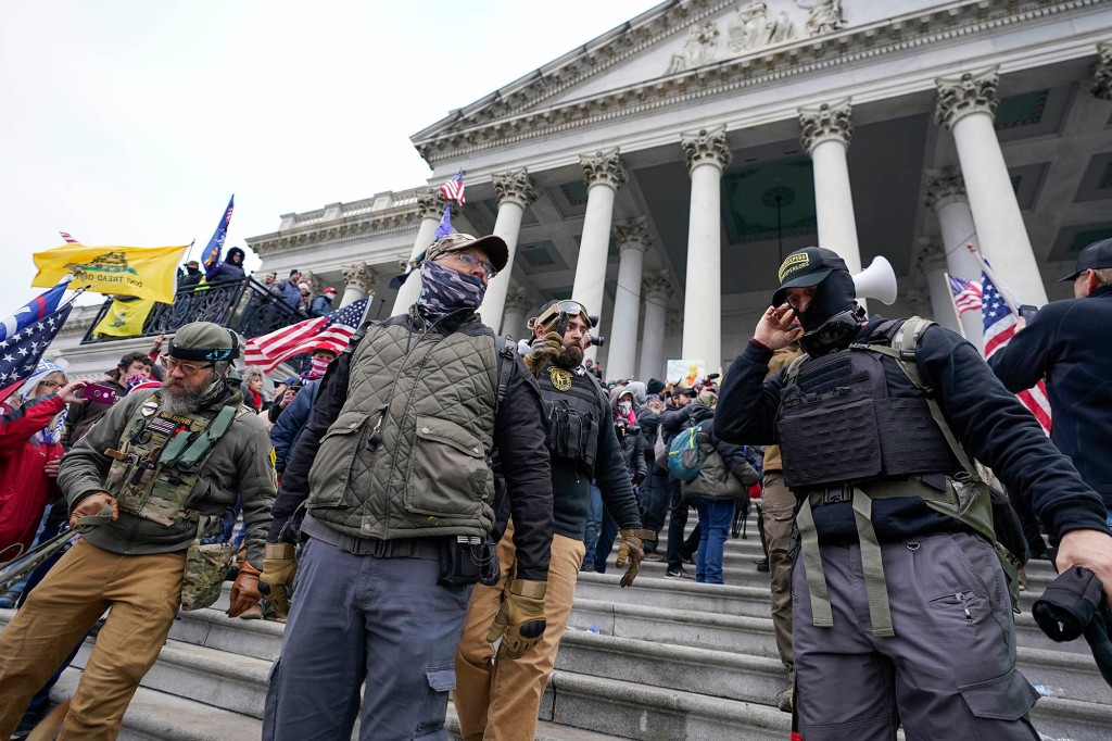 Members of the Oath Keepers on the East Front of the U.S. Capitol on Jan. 6, 2021.