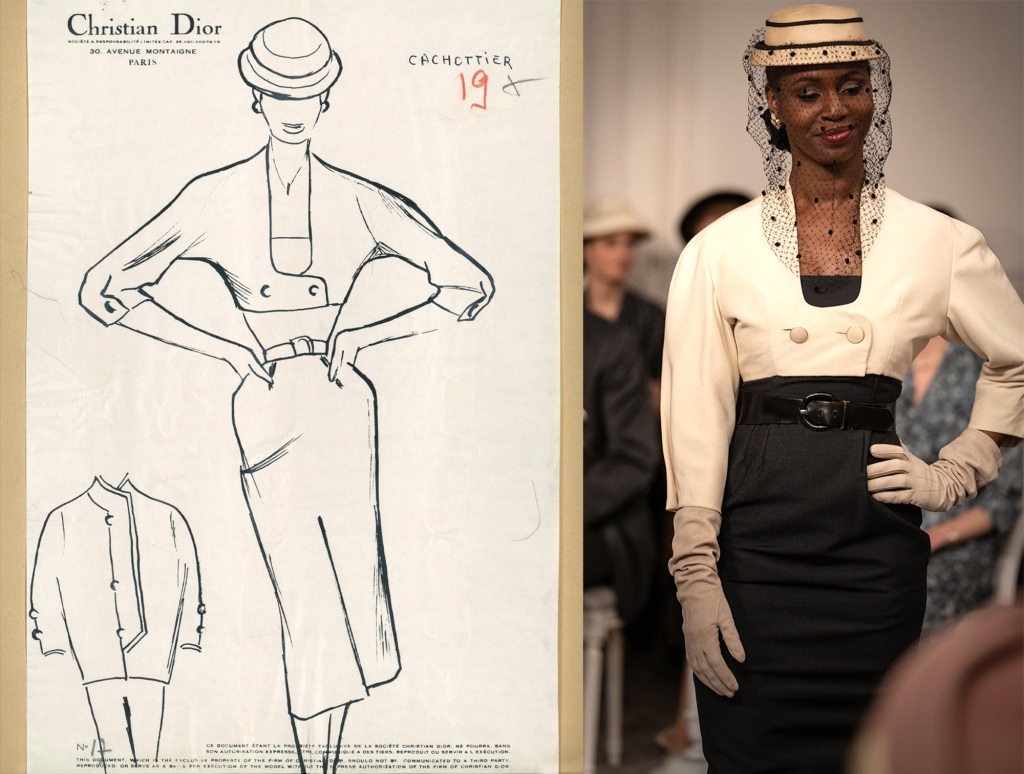 Side-by-side image of the original design for the "Cachottier" dress and an actress wearing it in the film