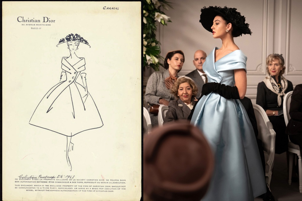 Side-by-side image of Dior's design "Caracas" dress and the replica used in the film.