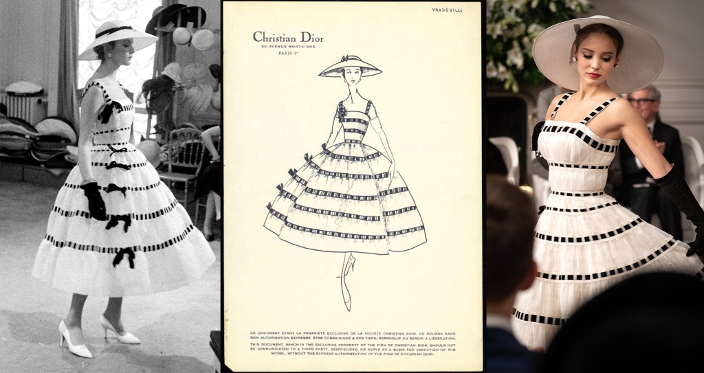 Three-way split of the original Dior "Vaudeville" dress, his design and an actress wearing it in the film.