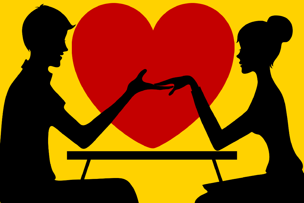 A man and woman sitting at a table with a money symbol and heart flashing