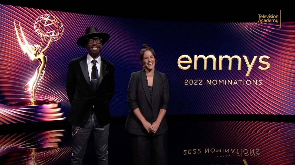 J.B. Smoove, left, and Melissa Fumero present the nominees for the 74th Primetime Emmy Awards. 