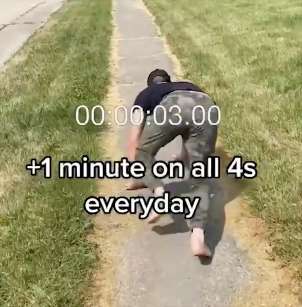 The exercise buff said he began by doing a 60 seconds at a time, then added a minute each day, before capping it at 30 minutes to prevent his dog cosplay from "getting out of hand."