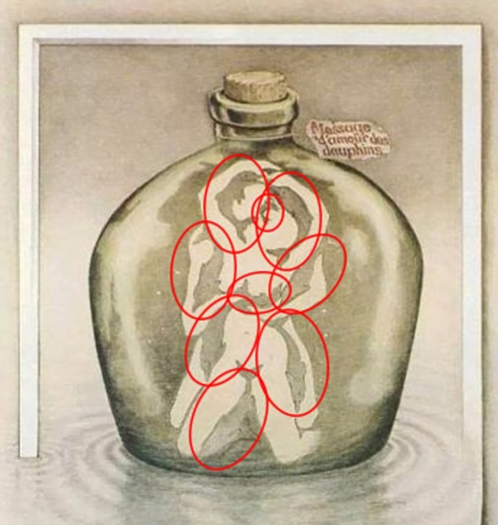 Some viewers see seven dolphins swimming in the image on the jar and are unable to spot the nude lovers at all. 
