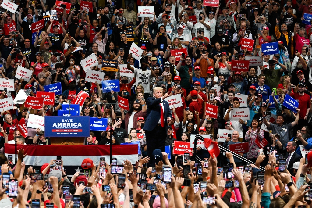 Former President Donald Trump greets supporters during a rally in Anchorage, Alaska on July 9, 2022.