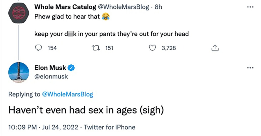 Musk joked that he hasn't "had sex in ages (sigh)."