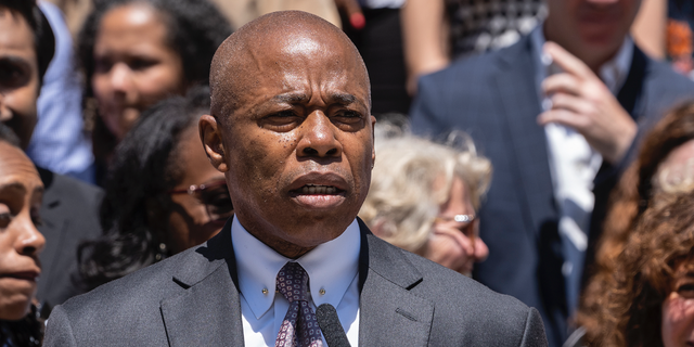 Mayor Eric Adams speaks as city employees gathered on steps of City Hall on the U.S. Supreme Court decision overturning Roe vs. Wade effectively banning abortions in the US.