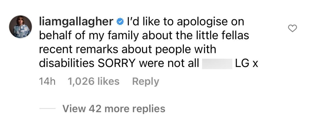 Liam apologized on Noel's behalf on Instagram.