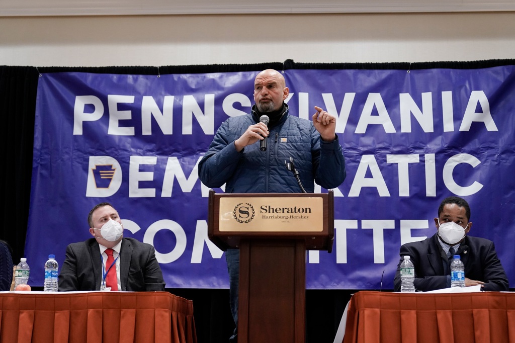 U.S. Senate candidate Pennsylvania Lt. Gov. John Fetterman speaks during a meeting of the Pennsylvania Democratic Party State Committee in Harrisburg, Pa., Saturday, Jan. 29, 2022