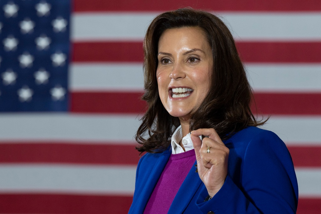 Michigan Governor Gretchen Whitmer introduces Democratic Presidential Candidate Joe Biden to speak at Beech Woods Recreation Center in Southfield, Michigan, on October 16, 2020.