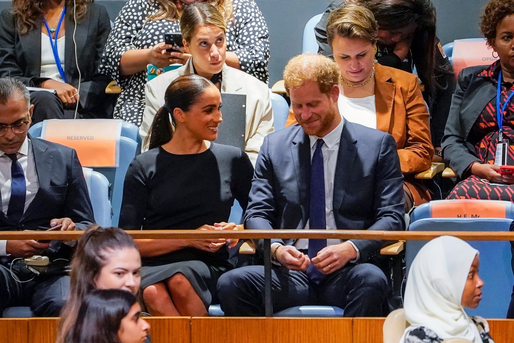 Britain's Prince Harry, right, and his wife Meghan Markle, the Duke and Duchess of Sussex, attend the U.N. General Assembly annual celebration of Nelson Mandela International Day, on Monday, July 18, 2022, at United Nations headquarters