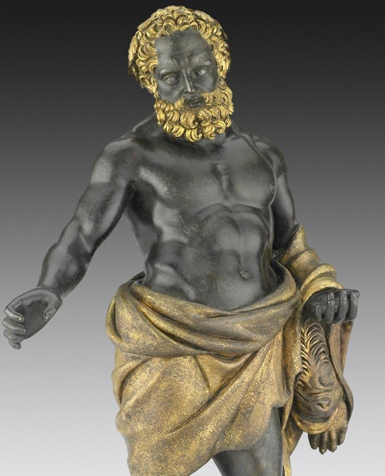 Bronze statue of the Greek hero Hercules wrapped in the skin of the slain Nemean lion.