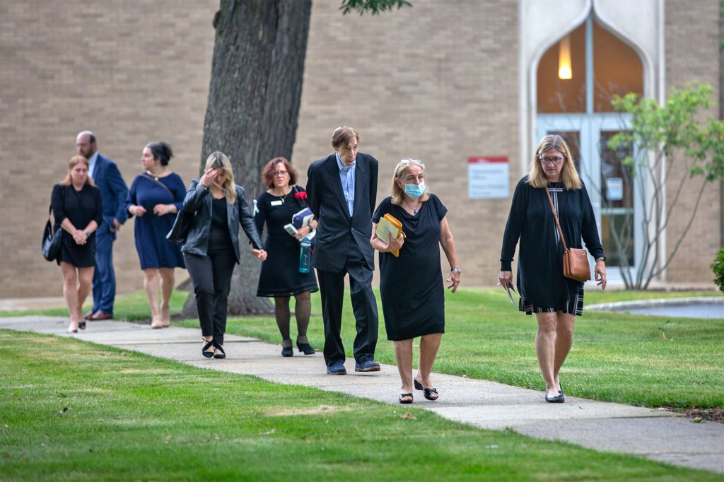 Mourners leave a funeral service for Highland Park shooting victim Jacquelyn Lovi Sundheim.