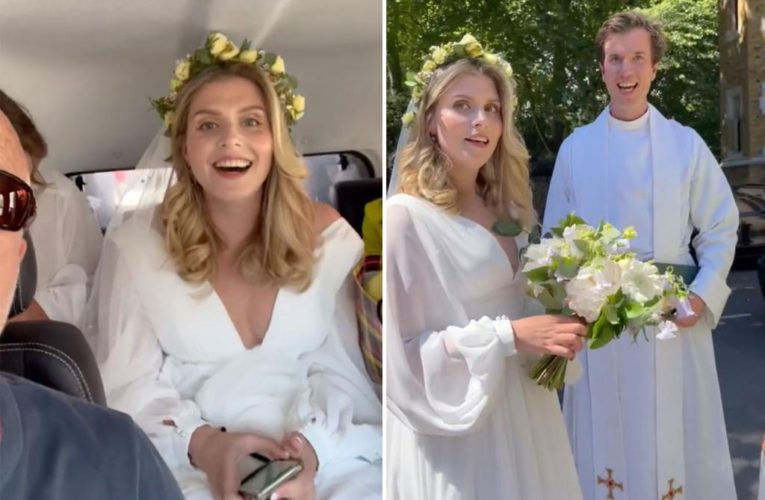 London bride Anastasia Medvedskaya hitchhikes a ride with driver Marksteen Adamson to her wedding