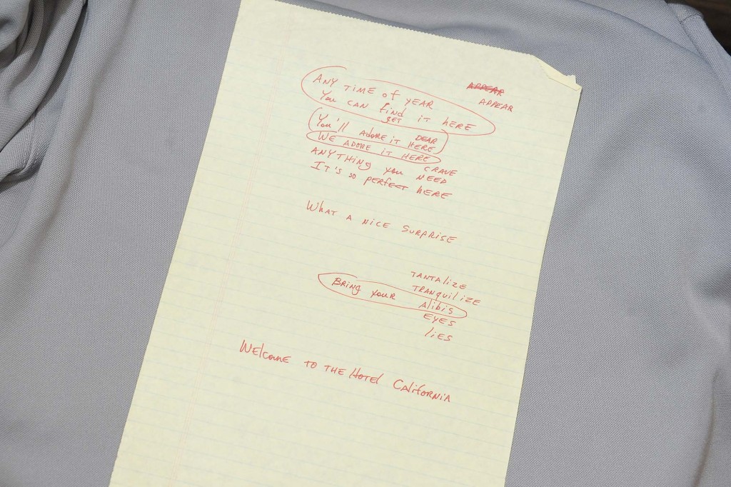 Musician Don Henley of the Eagles' handwritten "Hotel California" lyrics and notes on auction at Gotta Have It! store on March 21, 2012 in New York City. 