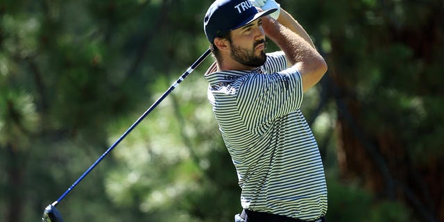 Mark Hubbard of the United States plays his shot from the 14th tee during the final round of the Barracuda Championship at Tahoe Mountain Club on July 17, 2022, in Truckee, California.