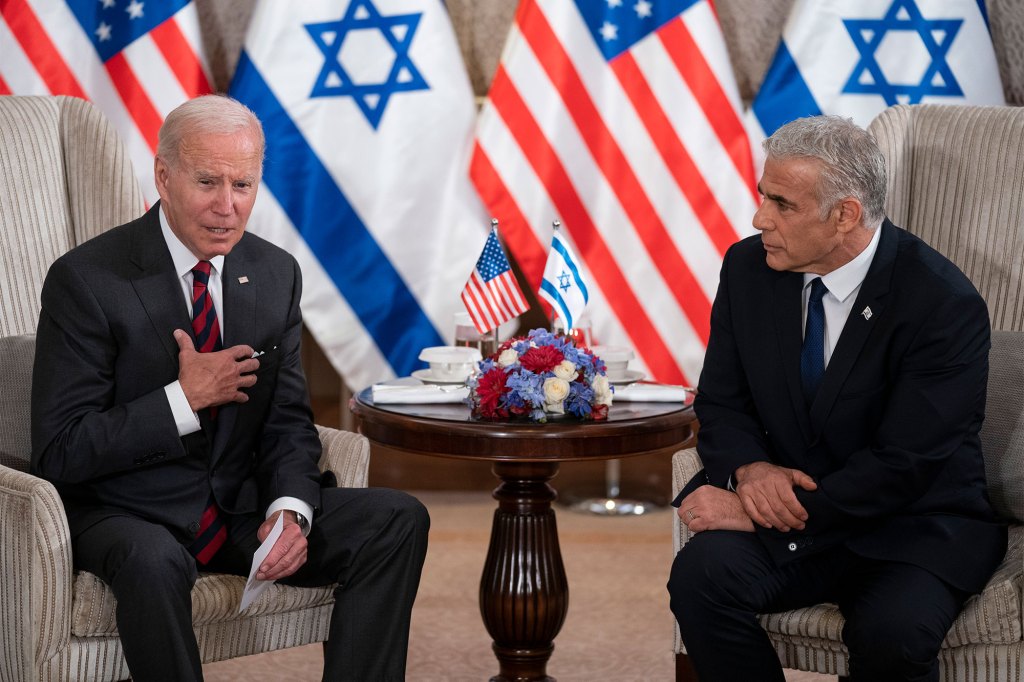 President Joe Biden and Israeli Prime Minister Yair Lapid address the media following their meeting in Jerusalem on July 14, 2022. 