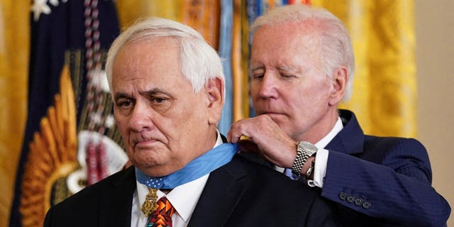 President Biden awards the Medal of Honor to Spc. Dwight Birdwell, who fought in the Vietnam War, during a ceremony at the White House on July 5, 2022.