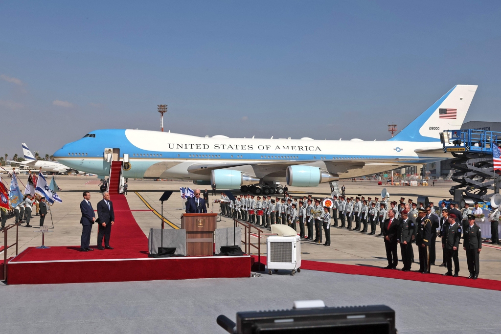 President Joe Biden addresses the Israeli delegation after arriving at Ben Gurion Airport in Lod near Tel Aviv on July 13, 2022.