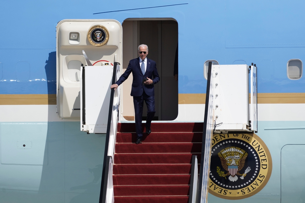 President Joe Biden walk down from Air Force One upon his arrival at Ben Gurion International Airport near Tel Aviv, Israel.