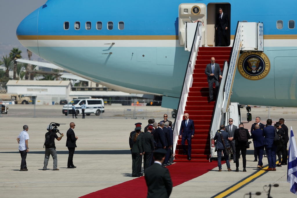 U.S. President Joe Biden descends from Air Force One at Ben Gurion International Airport in Lod, near Tel Aviv, Israel, July 13, 2022.