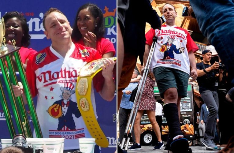 Joey Chestnut will defend Nathan’s hot-dog eating title on crutches at Coney Island