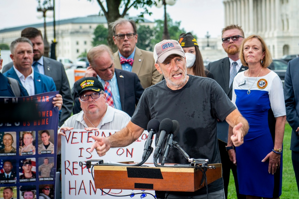 Jon Stewart delivered his fiery remarks outside the US Capitol on Thursday.