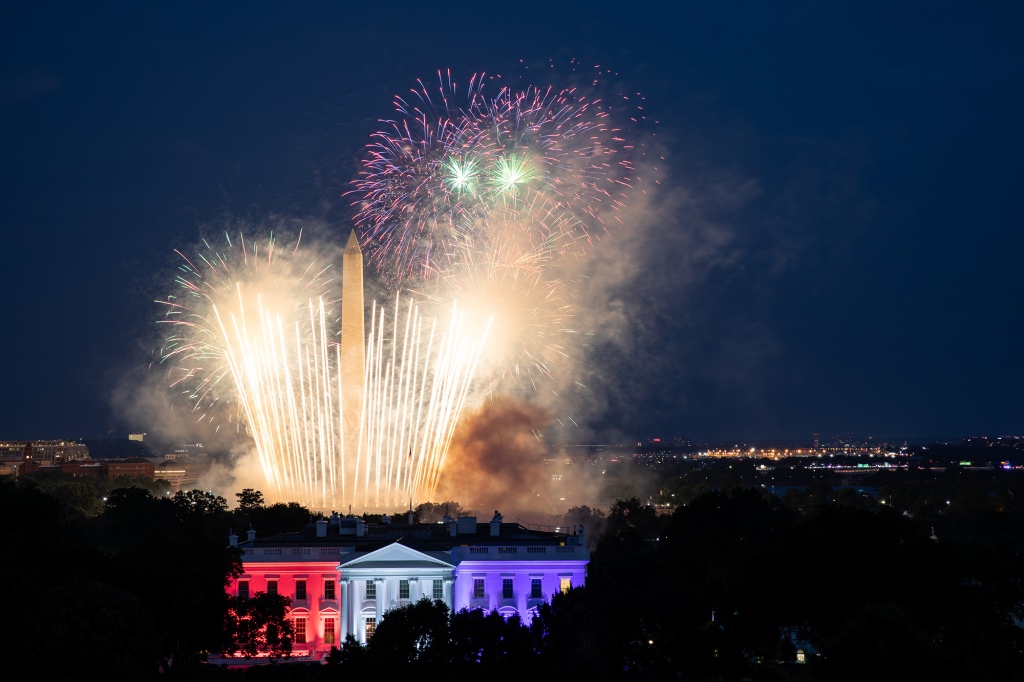 Fourth of July fireworks launched behind the White House in Washington, D.C., show, circa 2020. 