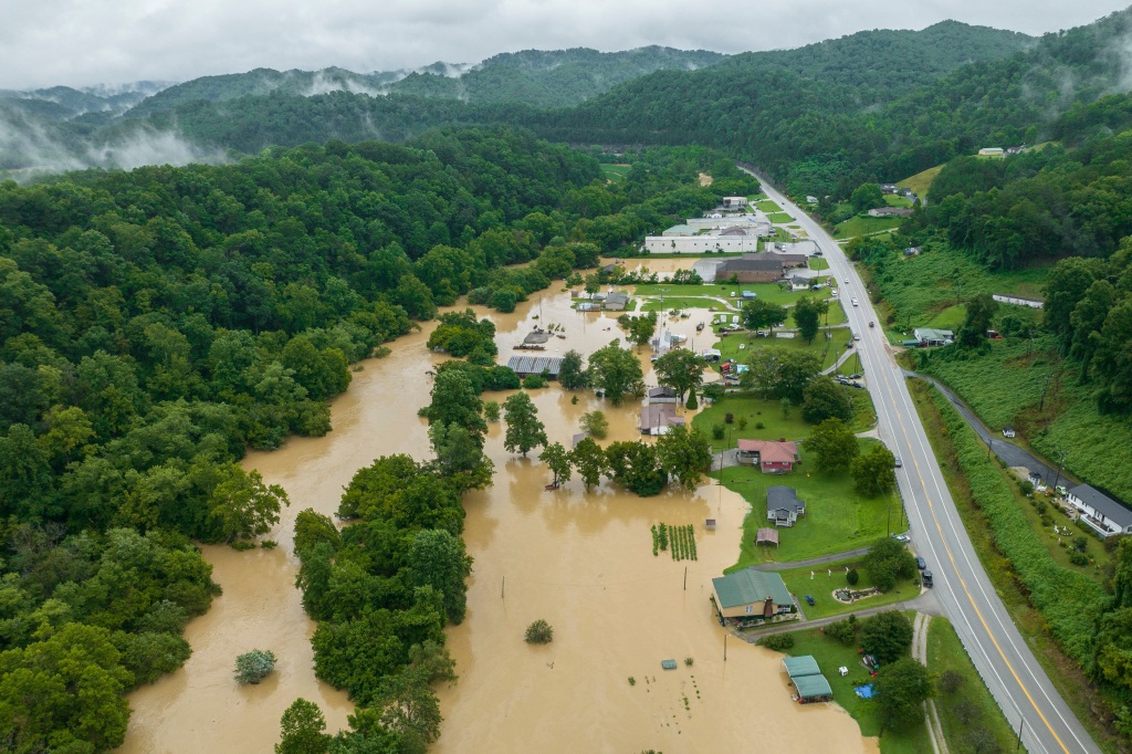 An aerial view of a flooded Appalachian valley.