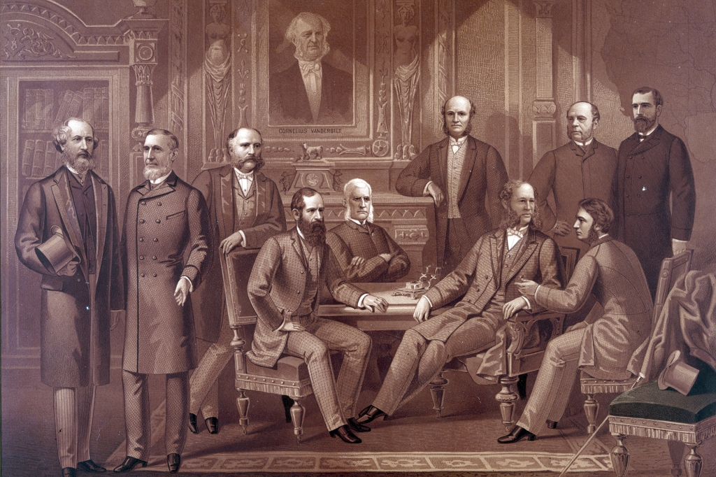 An illustration depicts The Kings of Wall Street with Jay Gould seated left at the table. A portrait of Gould’s foe Cornelius Vanderbilt hangs above the group.