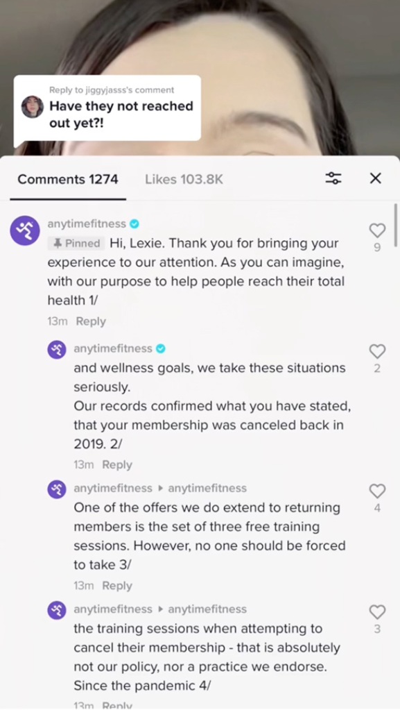 The gym responded in a TikTok comment.