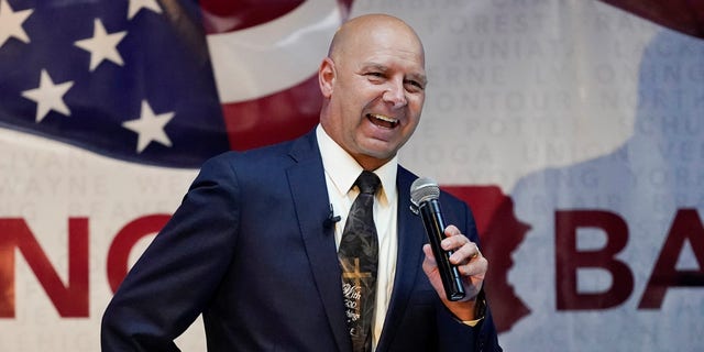 State Sen. Doug Mastriano, R-Franklin, a Republican candidate for Governor of Pennsylvania, speaks at a primary night election gathering in Chambersburg, Pa., Tuesday, May 17, 2022. (AP Photo/Carolyn Kaster)