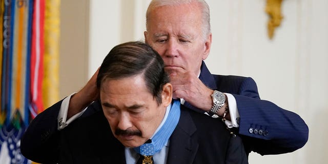 President Joe Biden awards the Medal of Honor to Spc. Dennis Fujii for his actions on Feb. 18-22 1971, in Vietnam, at the White House, Tuesday, July 5, 2022.