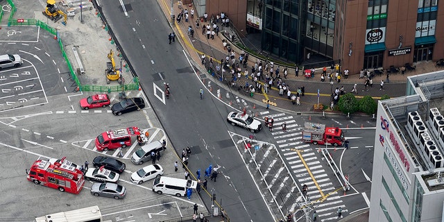 This aerial photo shows the scene of gunshots in Nara, western Japan Friday, July 8, 2022. Japan’s former Prime Minister Shinzo Abe was in heart failure after apparently being shot during a campaign speech Friday in western Japan, NHK public television said Friday. (Kyodo News via AP)(Kyodo News via AP)