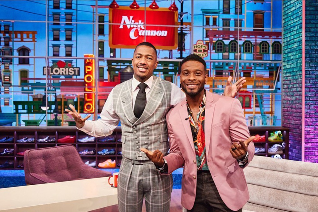 Nick Cannon and Kel Mitchel posing together on the set of The Nick Cannon Show