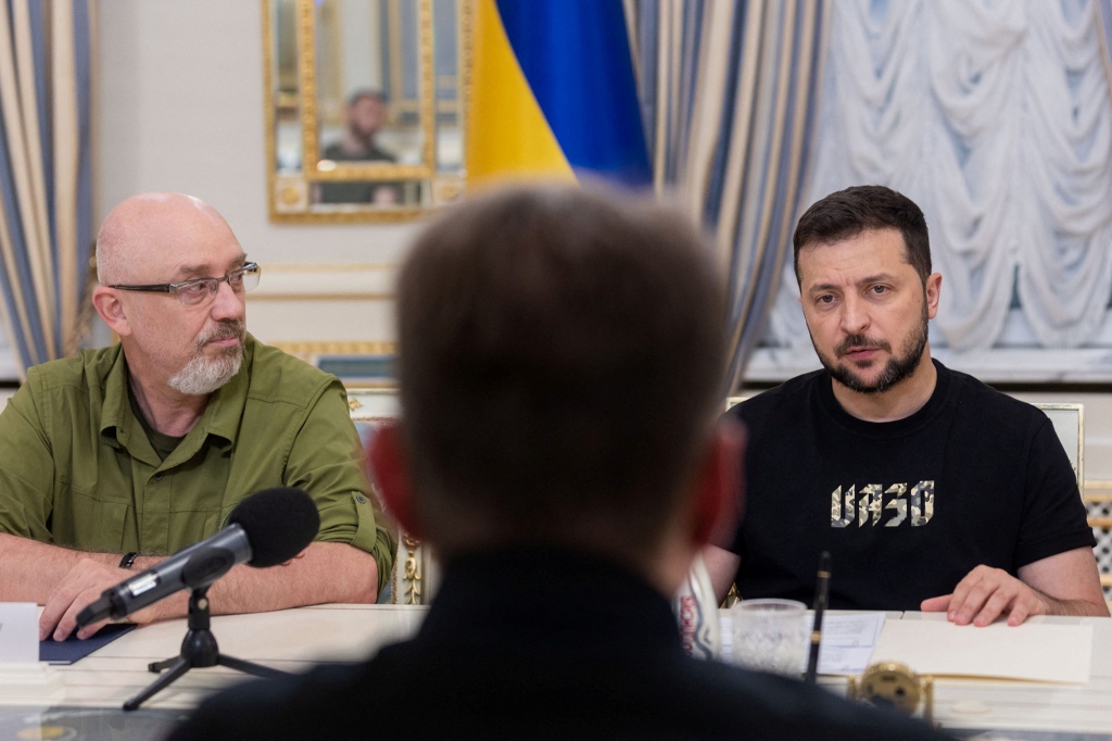 Ukraine's President Volodymyr Zelenskiy and Defence Minister Oleksii Reznikov attend a meeting with Polish Defence Minister Mariusz Blaszczak.