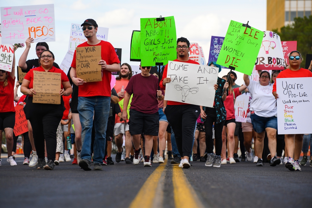 Demonstrators march to Odessa City Hall in support of abortion rights in Odessa, Texas on July 9, 2022.