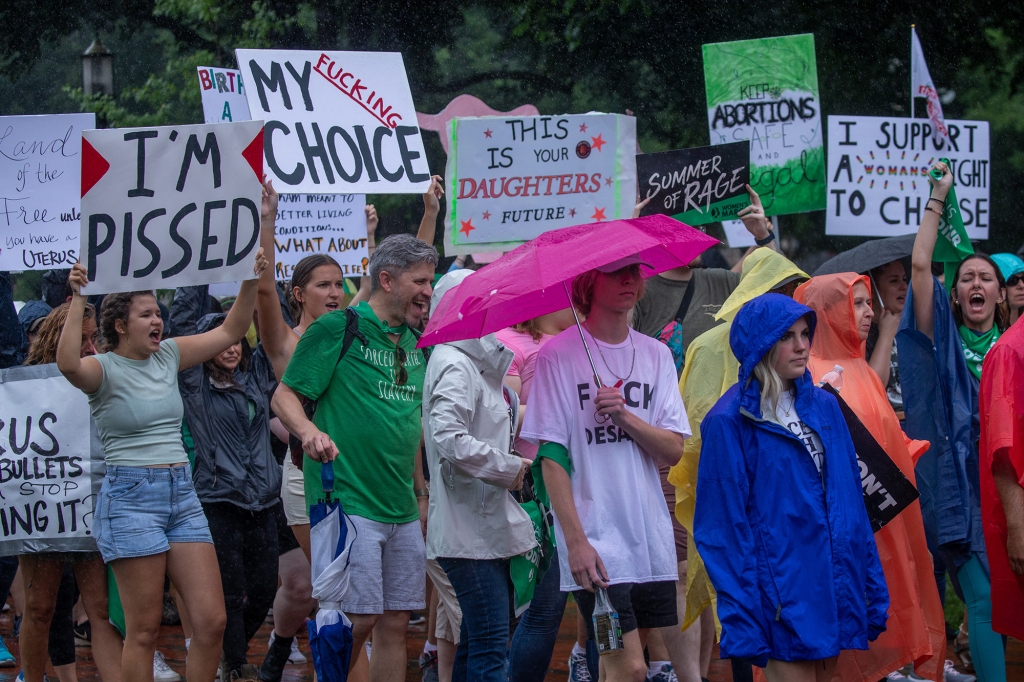 Abortion rights activists march to the White House to denounce the U.S. Supreme Court decision to end federal abortion rights protections on Saturday, July 9, 2022 in Washington, DC, USA.