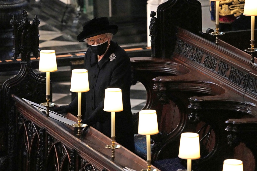 Queen Elizabeth II in St. George’s Chapel during the funeral of Prince Philip.